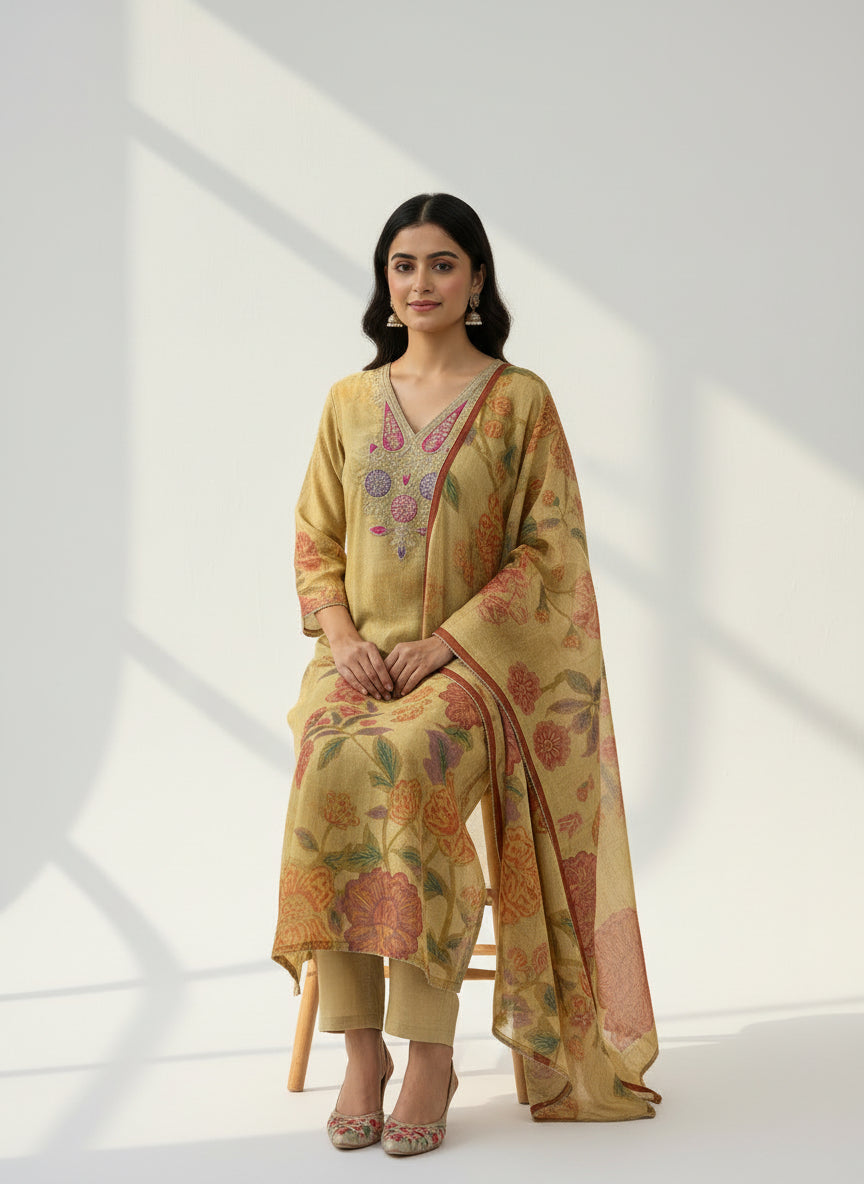 Golden Shimmer Silk Straight Kurta Set