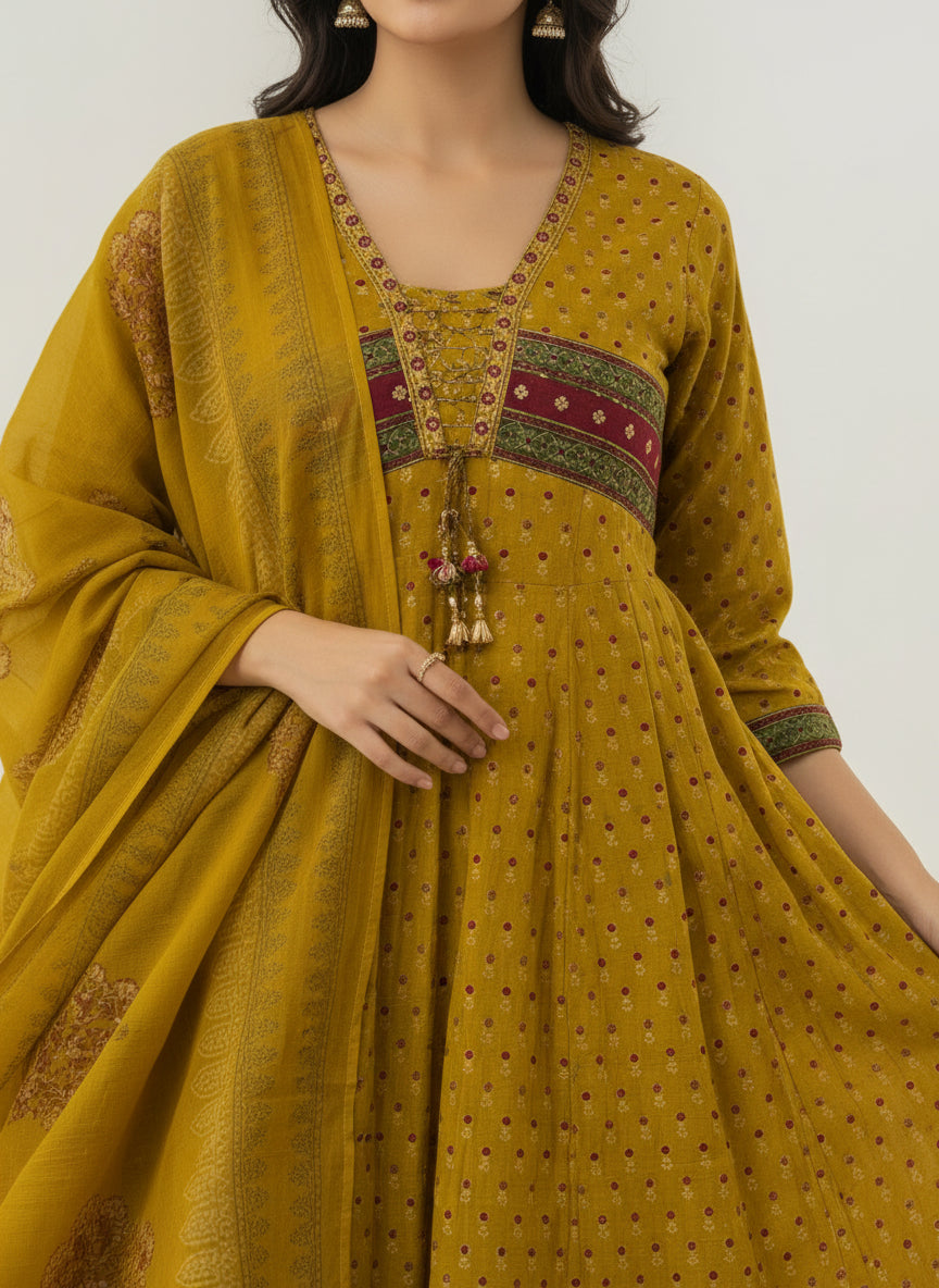 Mustard Cotton Anarkali Set