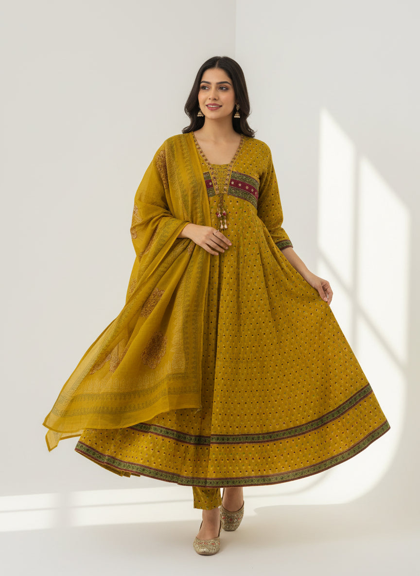 Mustard Cotton Anarkali Set