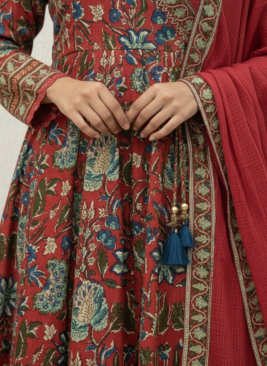 Angrakha Pattern Cotton Anarkali with Kota Doriya Dupatta