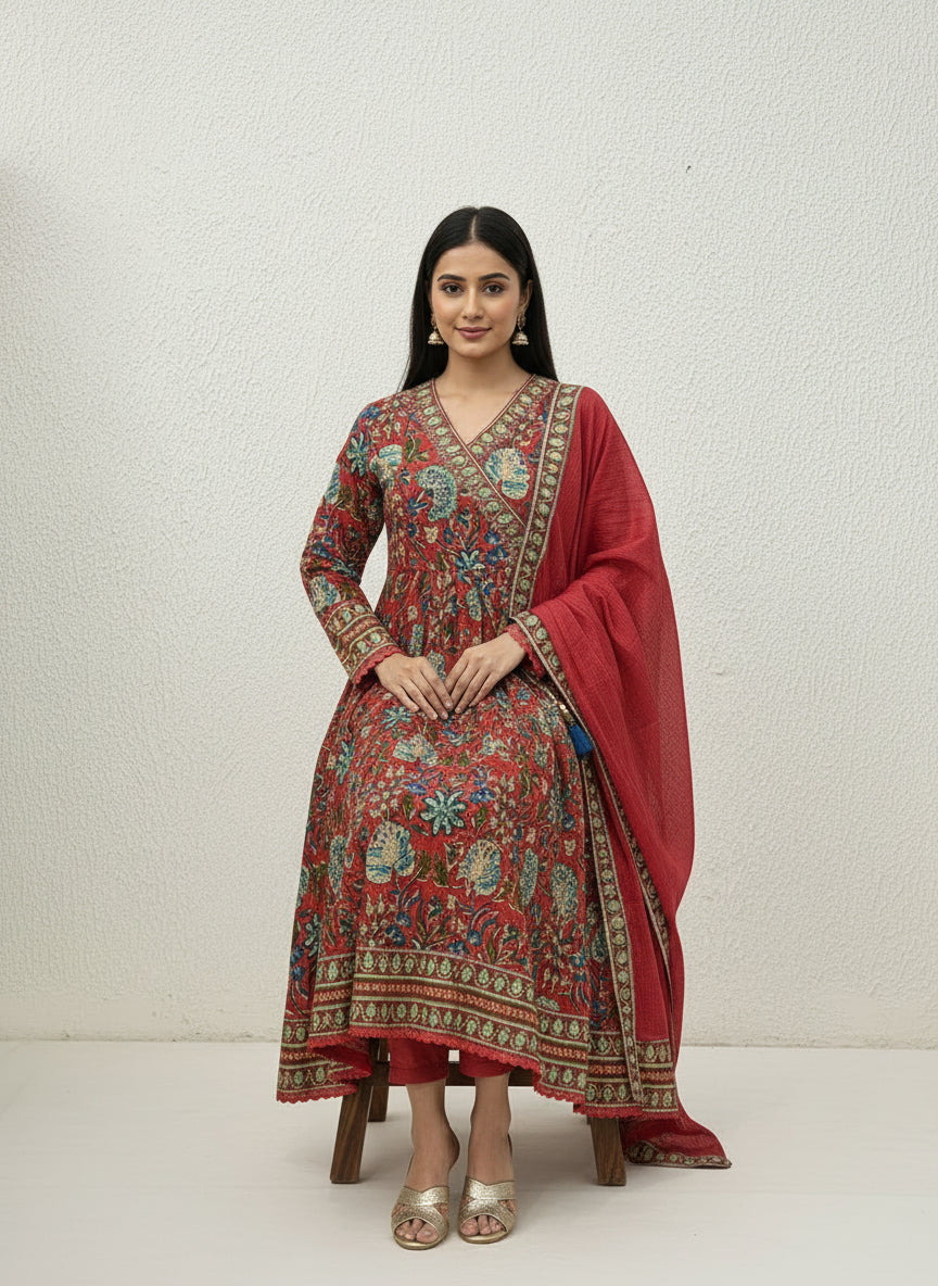 Angrakha Pattern Cotton Anarkali with Kota Doriya Dupatta