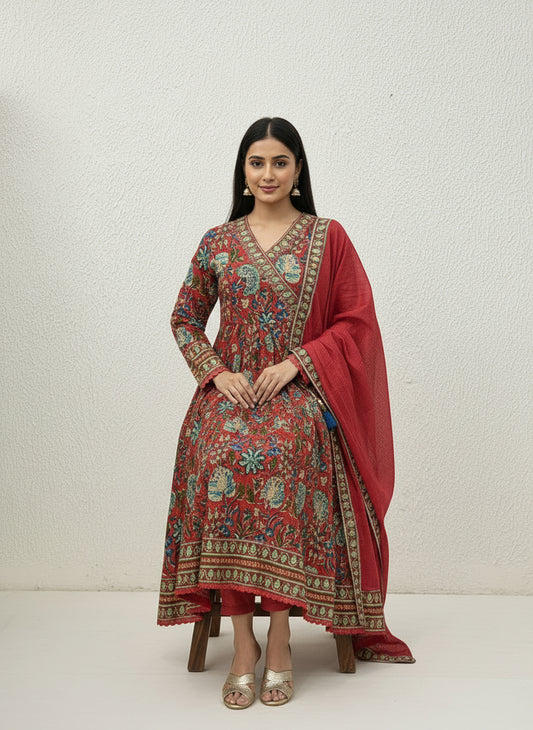 Angrakha Pattern Cotton Anarkali with Kota Doriya Dupatta