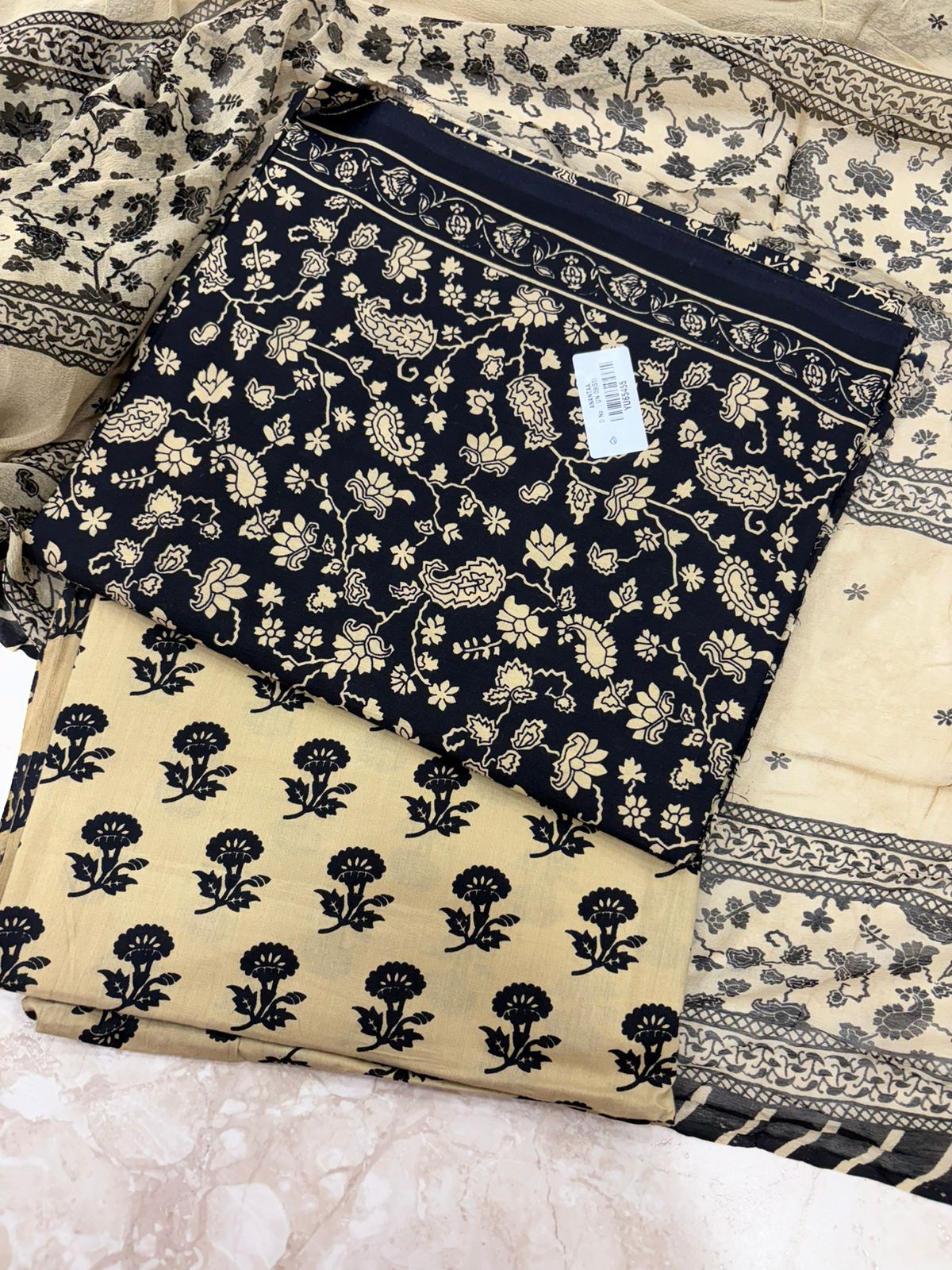 Cotton Block Printed Chiffon Dupatta Unstitched Suit Set
