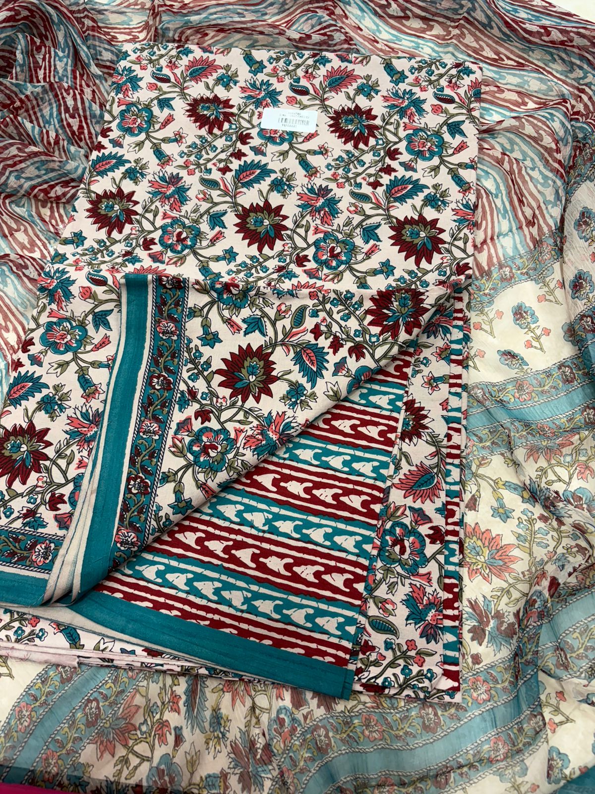 Cotton Block Printed Chiffon Dupatta Unstitched Suit Set