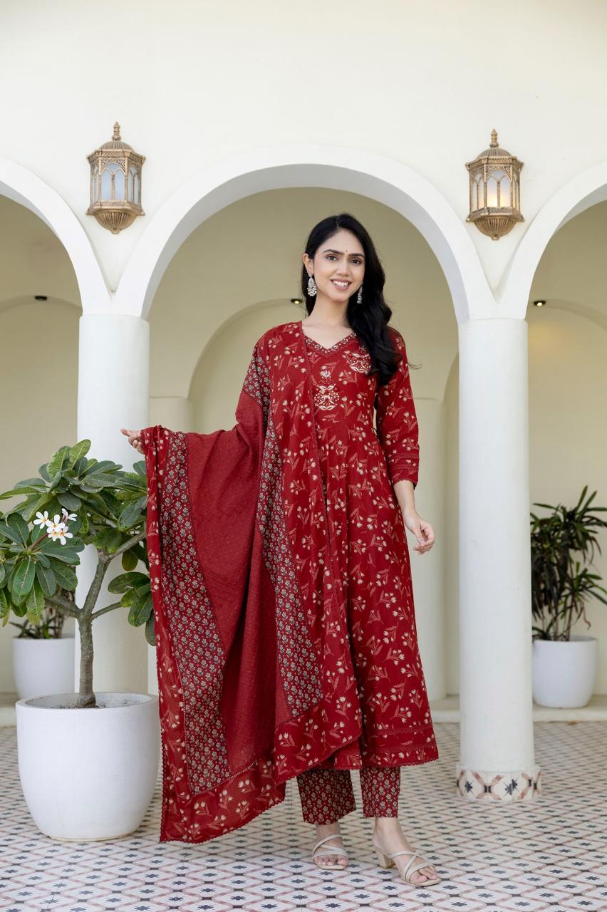 Cotton Anarkali with Handwork and Schiffly Dupatta.