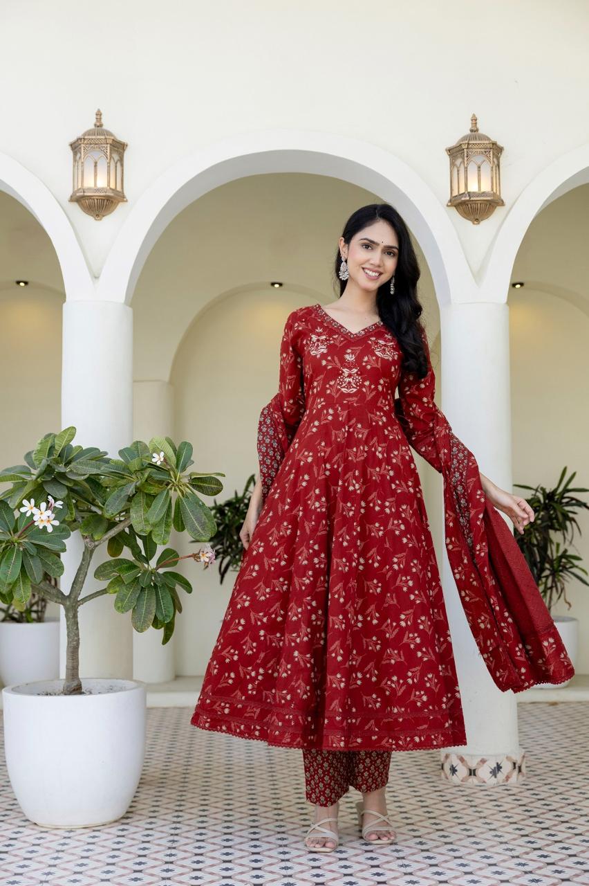 Cotton Anarkali with Handwork and Schiffly Dupatta.