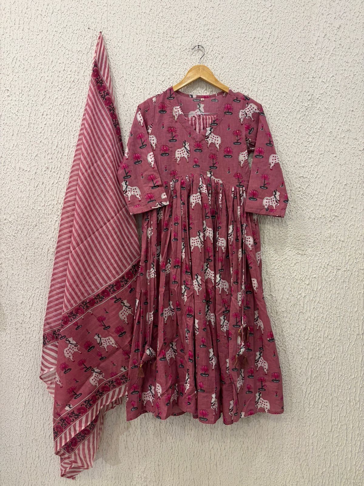 Cotton Pichwai Block Printed Anarkali Kurta with Cotton Dupatta.