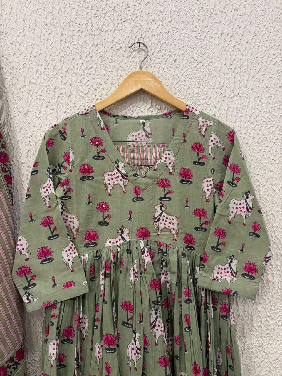 Cotton Pichwai Block Printed Anarkali Kurta with Cotton Dupatta.