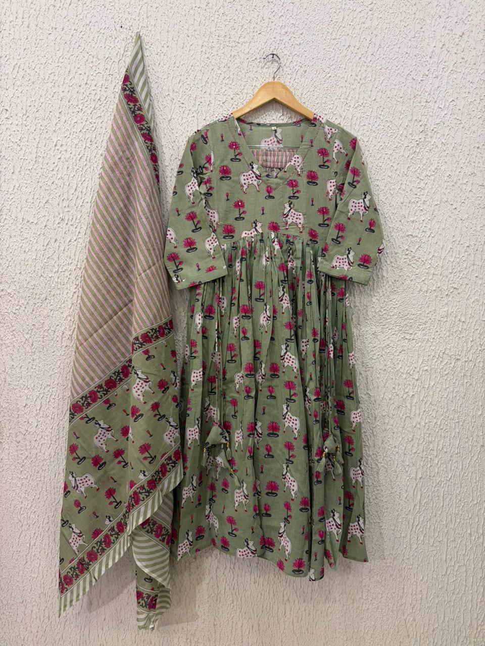 Cotton Pichwai Block Printed Anarkali Kurta with Cotton Dupatta.