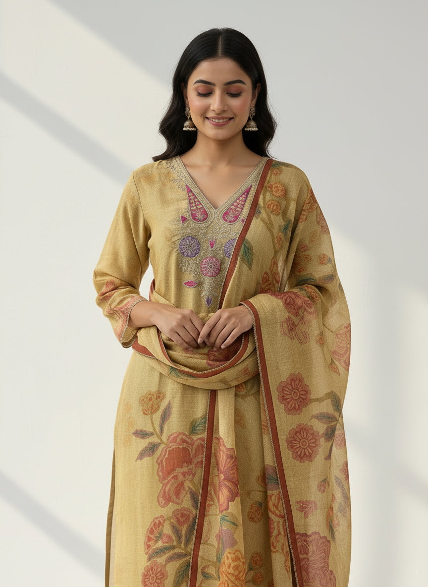 Golden Shimmer Silk Straight Kurta Set
