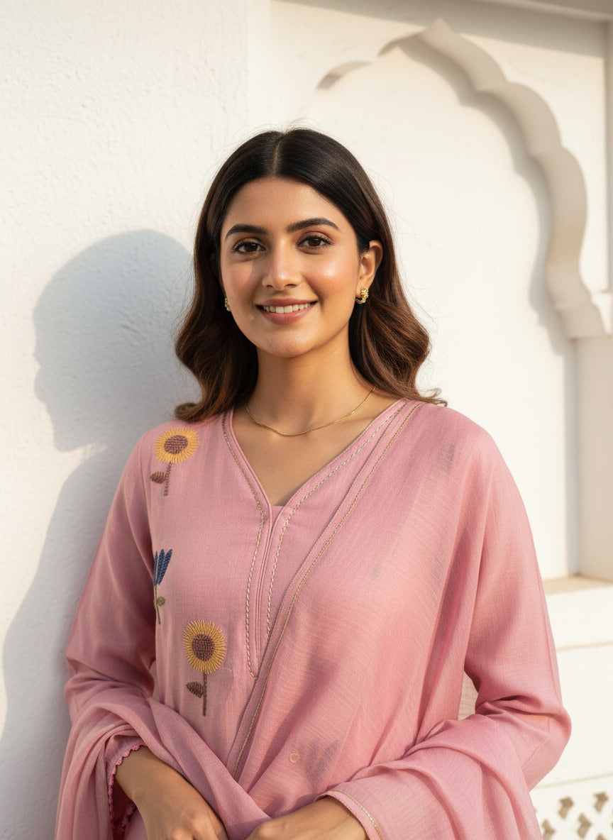 Mul Chanderi Floral Kurta Set with Delicate Embroidery (Pink)