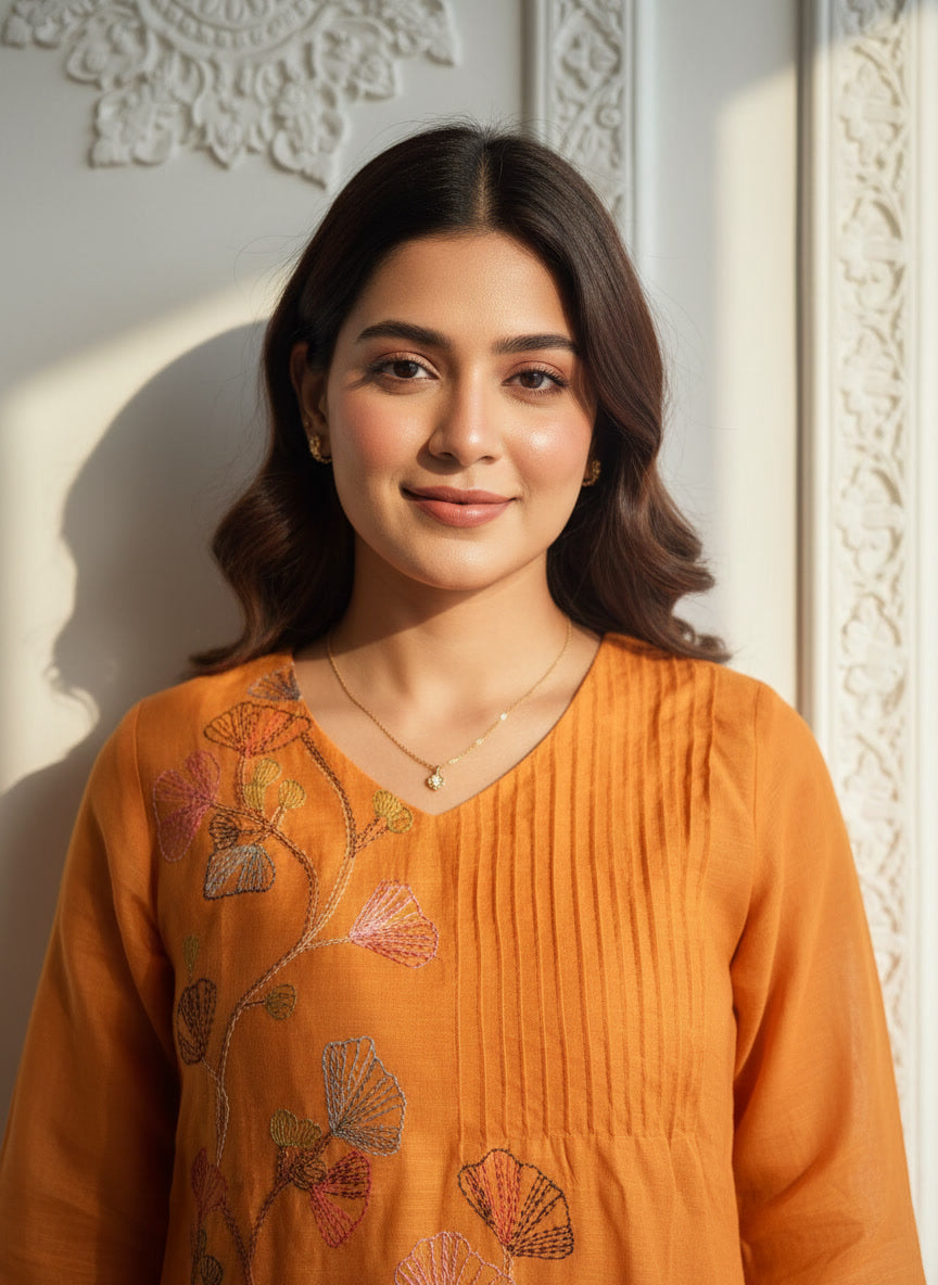 A-Line Mul Chanderi Kurta Set with Floral Embroidery