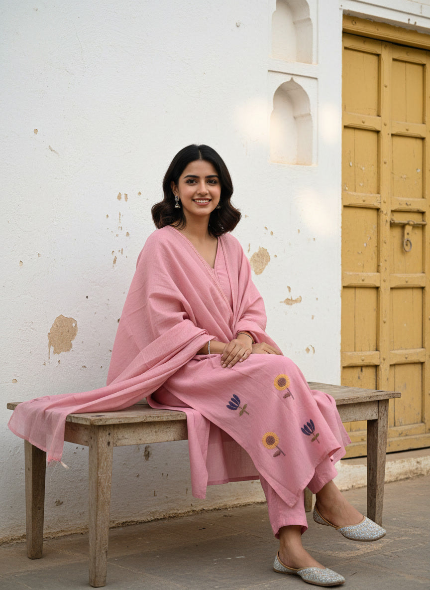 Mul Chanderi Floral Kurta Set with Delicate Embroidery (Pink)