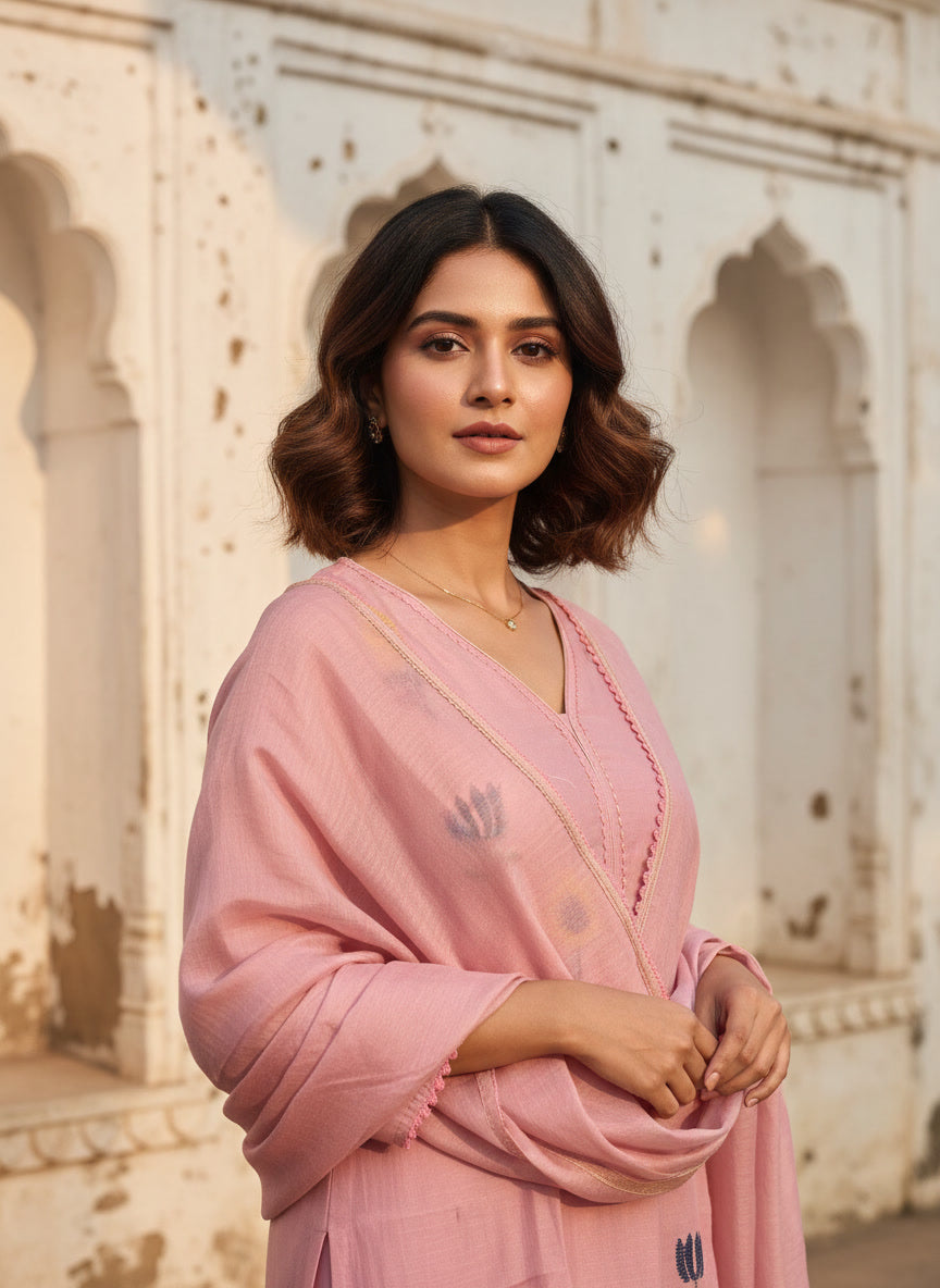 Mul Chanderi Floral Kurta Set with Delicate Embroidery (Pink)