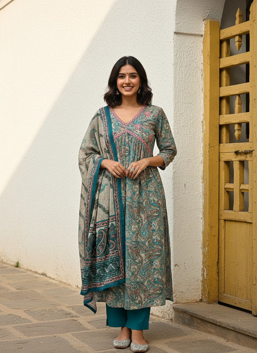 Blue Printed cotton with Printed Dupatta