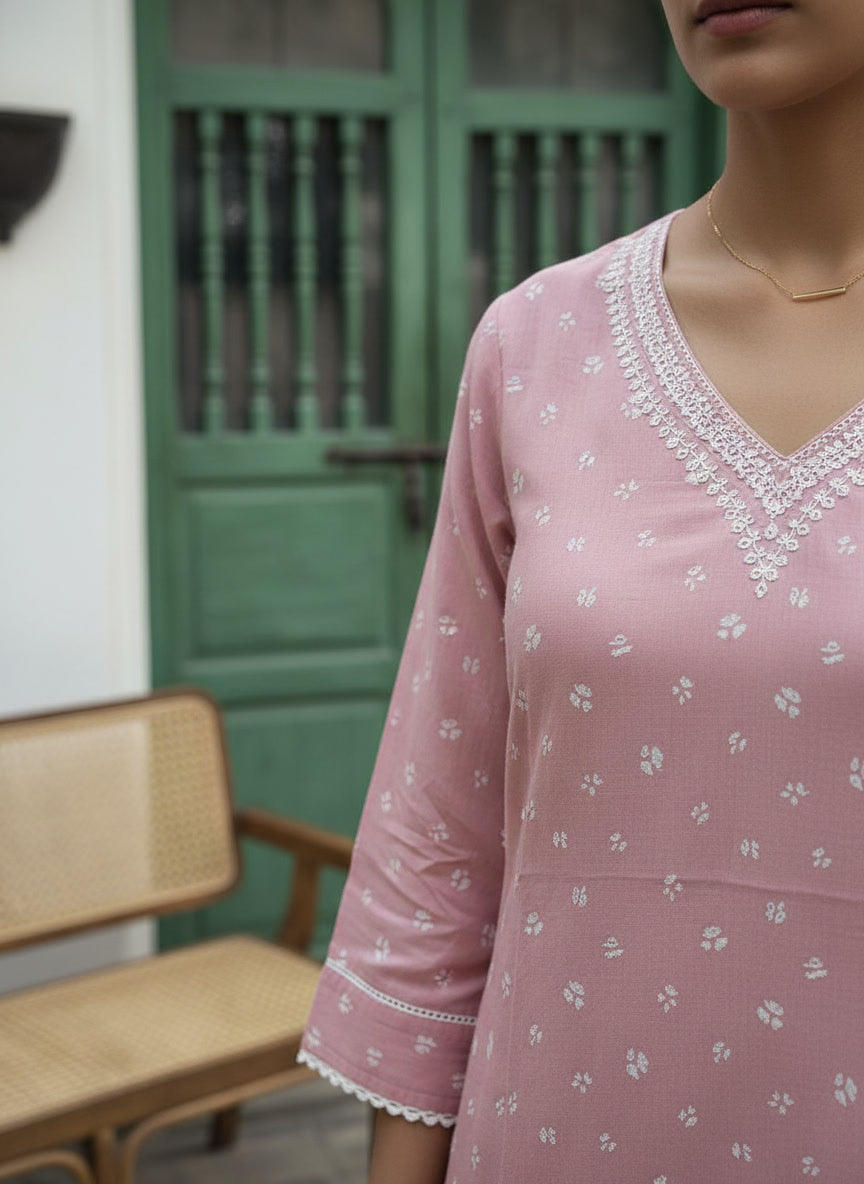 Pastel Cotton Kurta Set with Kota Doriya Dupatta (Pastel Pink)