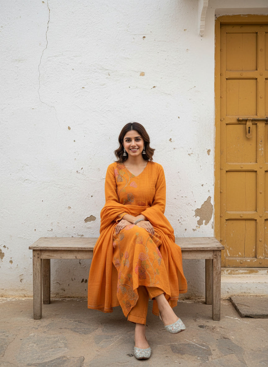 A-Line Mul Chanderi Kurta Set with Floral Embroidery