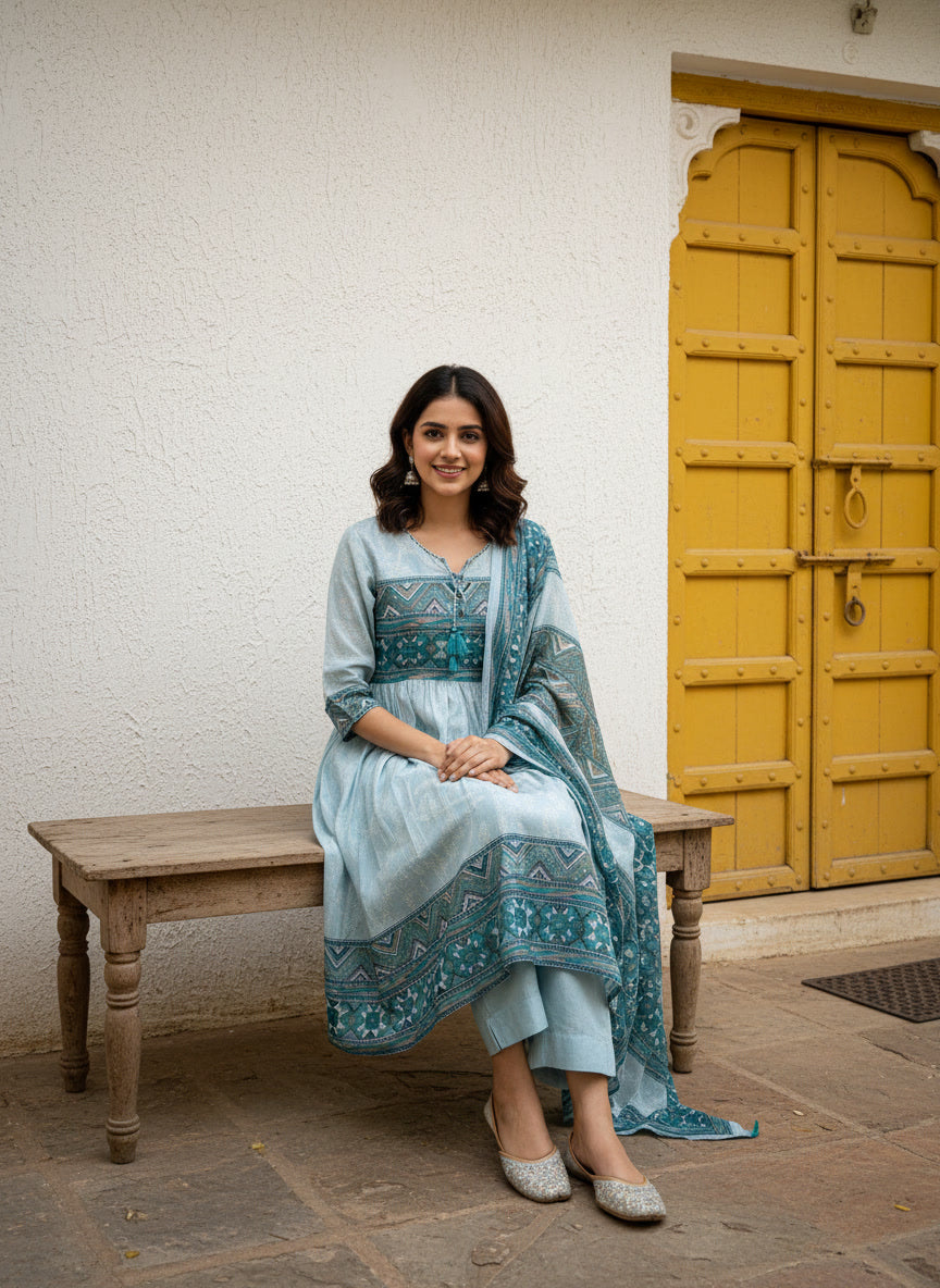 Blue Print Mul Cotton Anarkali Suit Set