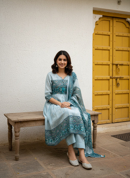 Blue Print Mul Cotton Anarkali Suit Set