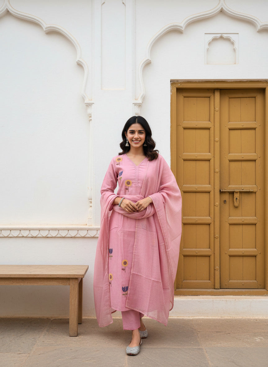 Mul Chanderi Floral Kurta Set with Delicate Embroidery (Pink)