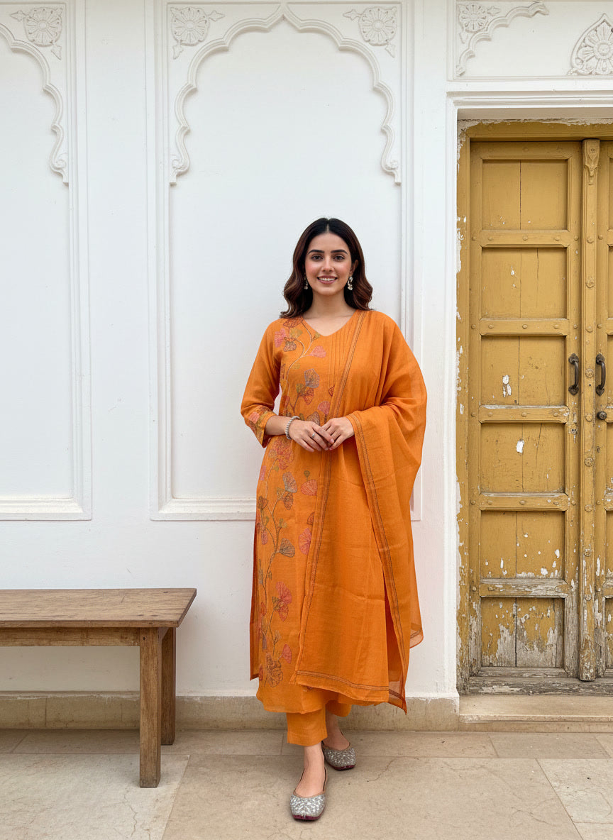 A-Line Mul Chanderi Kurta Set with Floral Embroidery