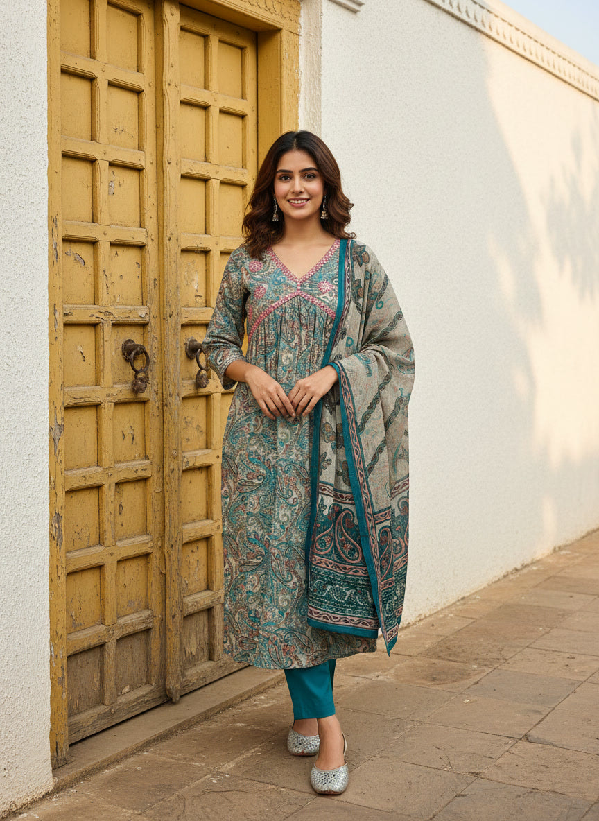 Blue Printed cotton with Printed Dupatta