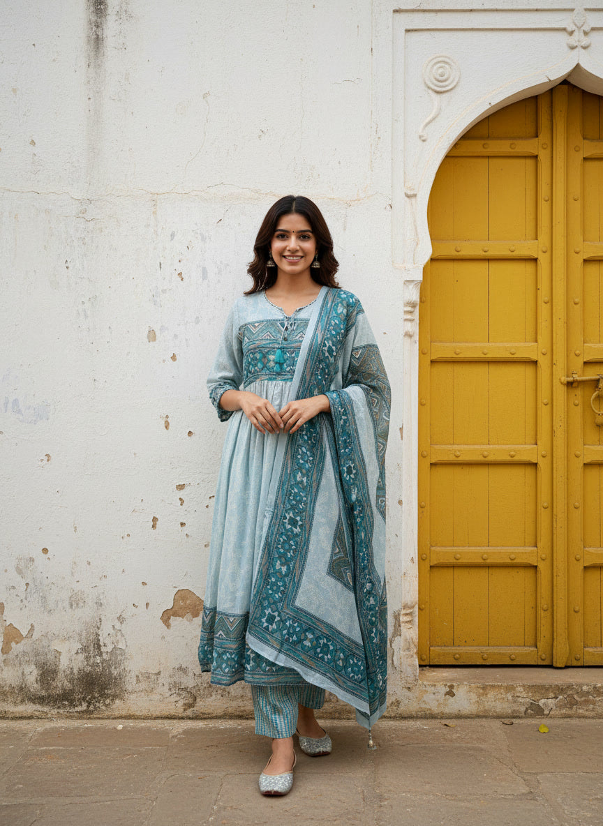 Blue Print Mul Cotton Anarkali Suit Set