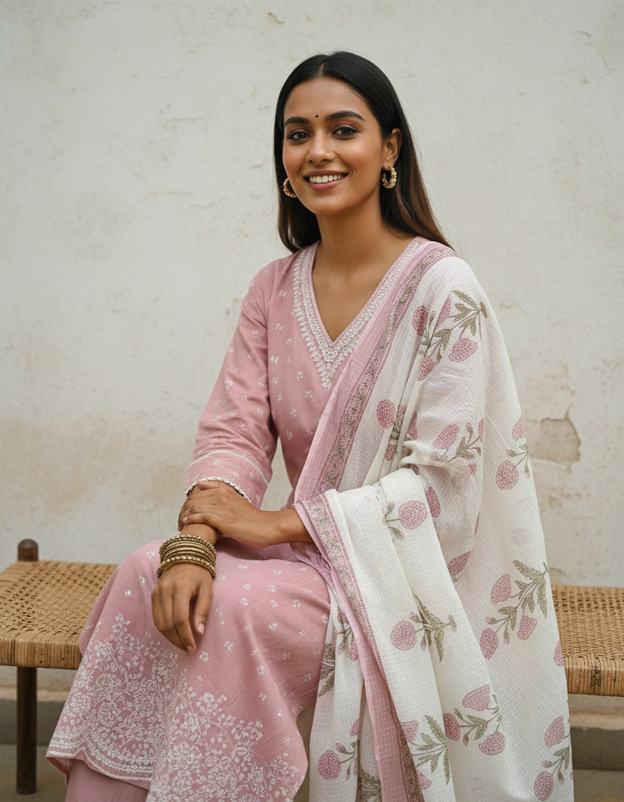 Pastel Cotton Kurta Set with Kota Doriya Dupatta (Pastel Pink)