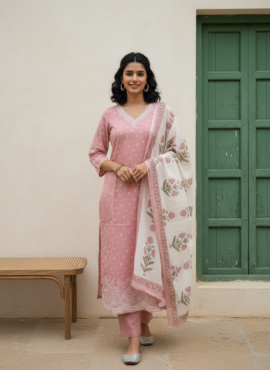 Pastel Cotton Kurta Set with Kota Doriya Dupatta (Pastel Pink)