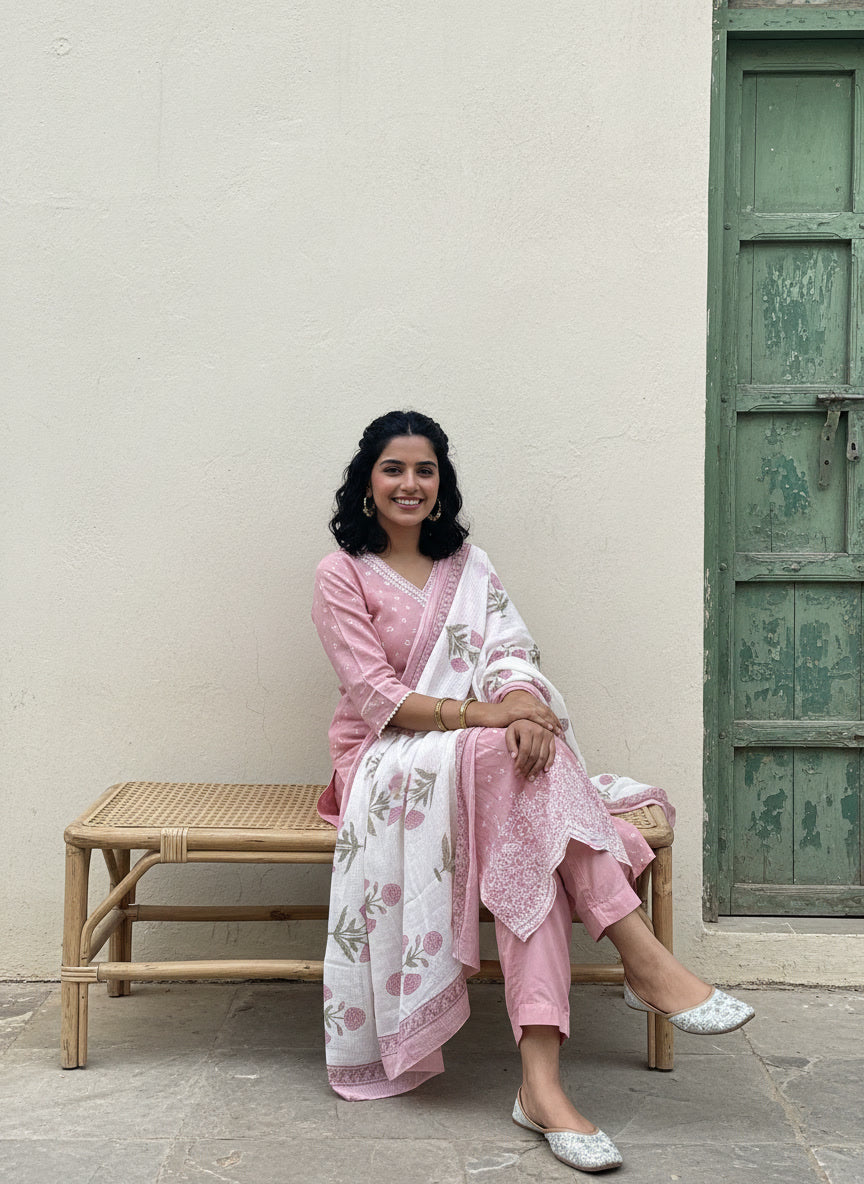 Pastel Cotton Kurta Set with Kota Doriya Dupatta (Pastel Pink)