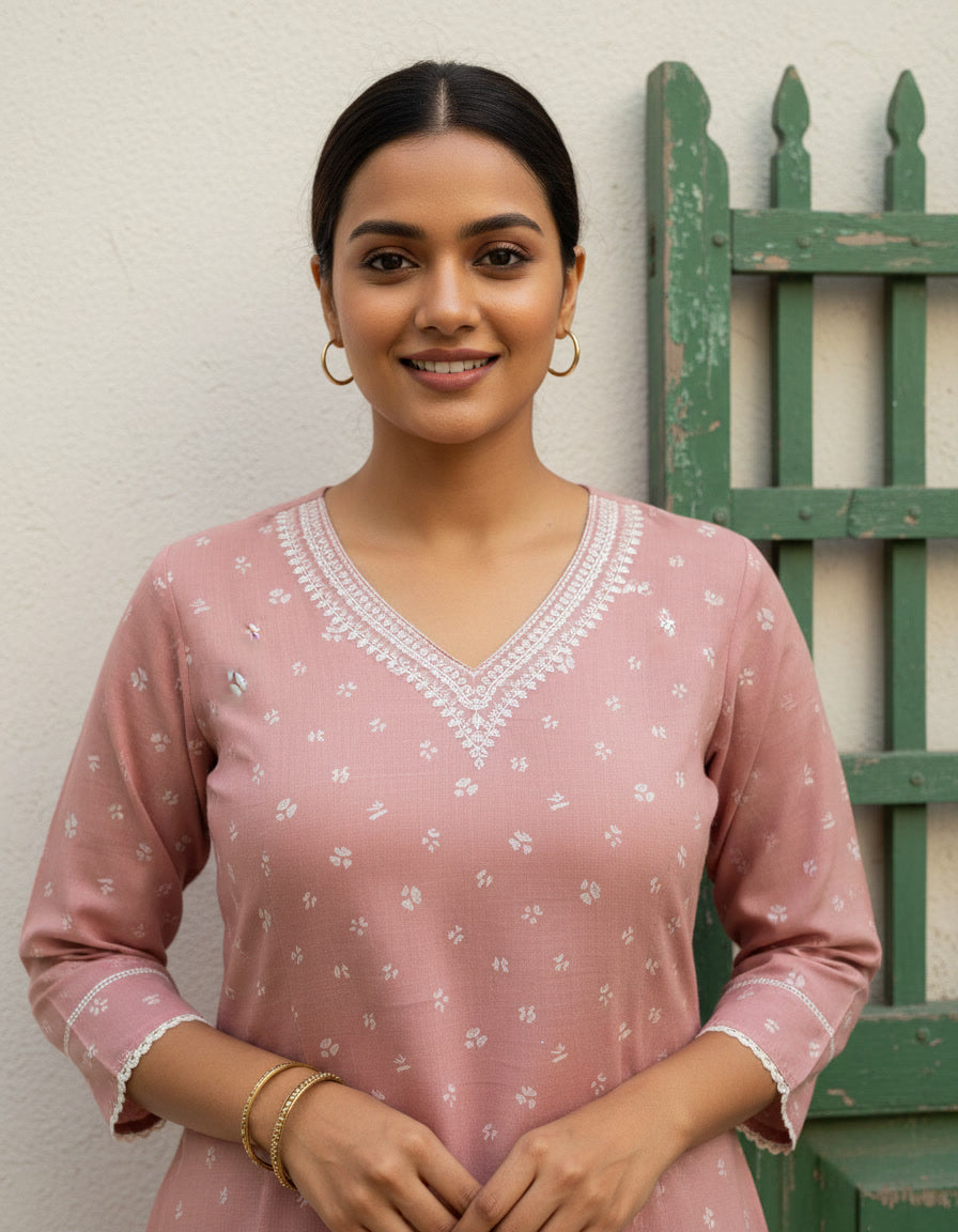 Pastel Cotton Kurta Set with Kota Doriya Dupatta (Pastel Pink)