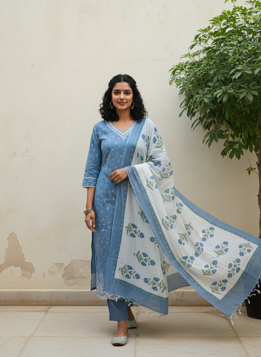Pastel Cotton Kurta Set with Kota Doriya Dupatta (Pastel Blue)