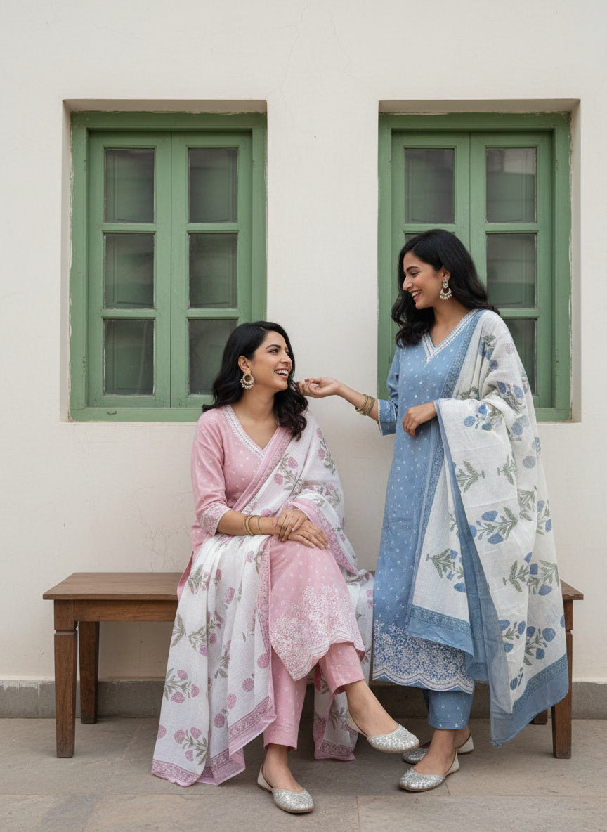 Pastel Cotton Kurta Set with Kota Doriya Dupatta (Pastel Blue)