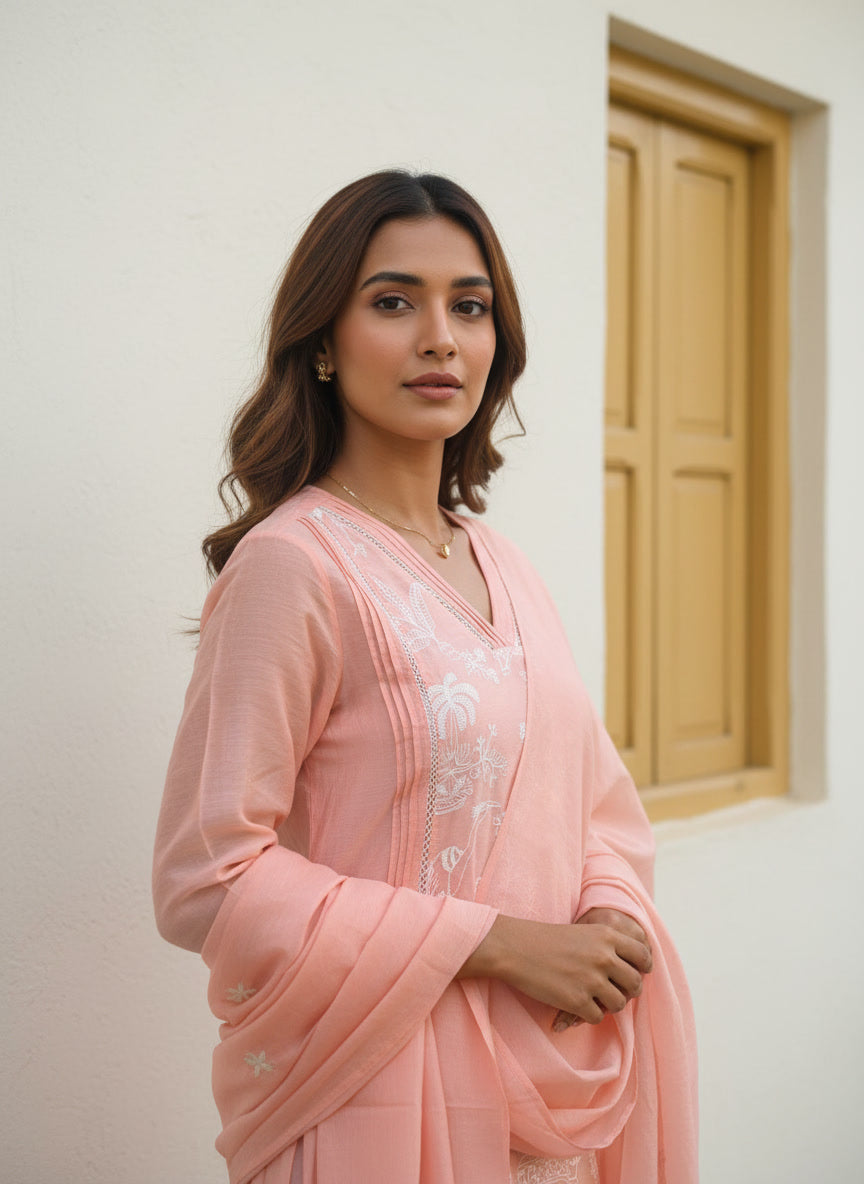 Mul Chanderi A-Line Kurta Set with Elegant Thread Embroidery (Light Pink)