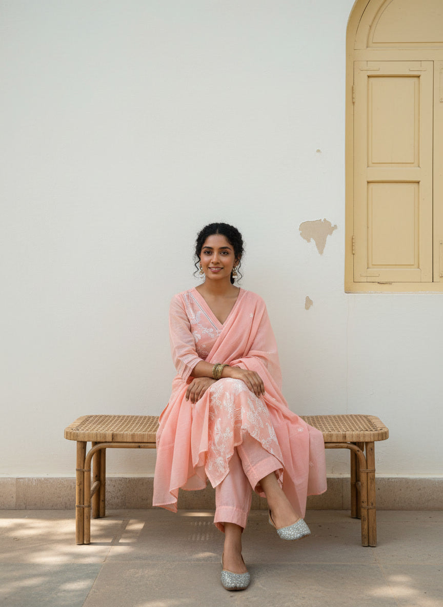 Mul Chanderi A-Line Kurta Set with Elegant Thread Embroidery (Light Pink)