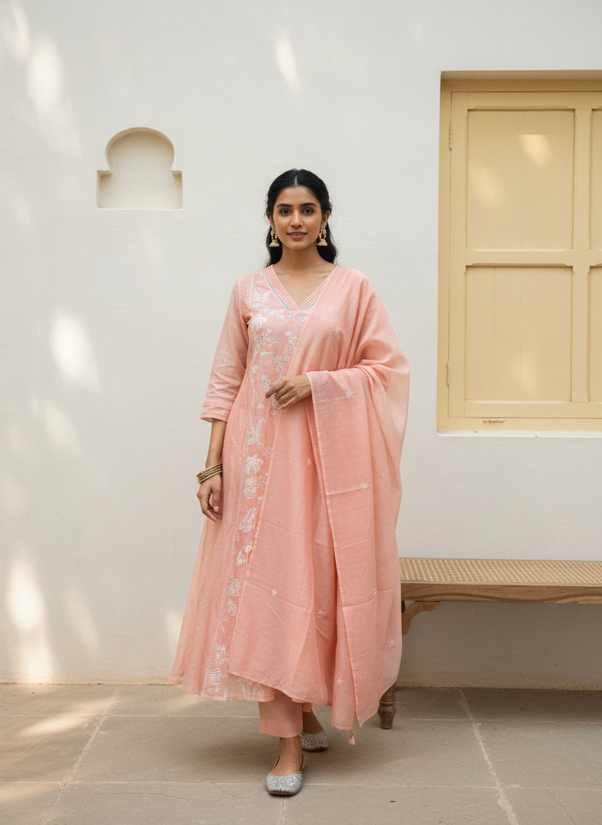 Mul Chanderi A-Line Kurta Set with Elegant Thread Embroidery (Light Pink)