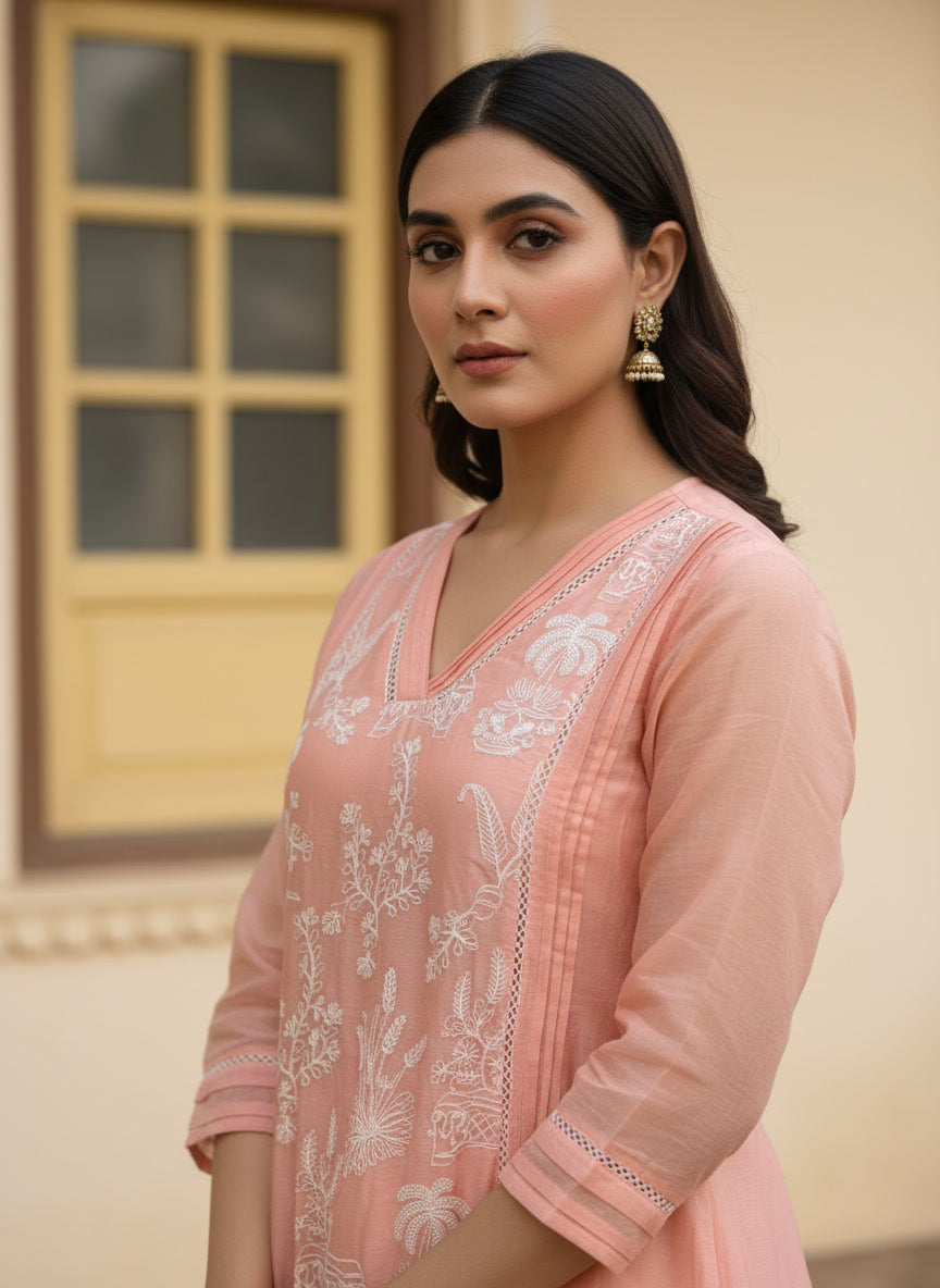 Mul Chanderi A-Line Kurta Set with Elegant Thread Embroidery (Light Pink)