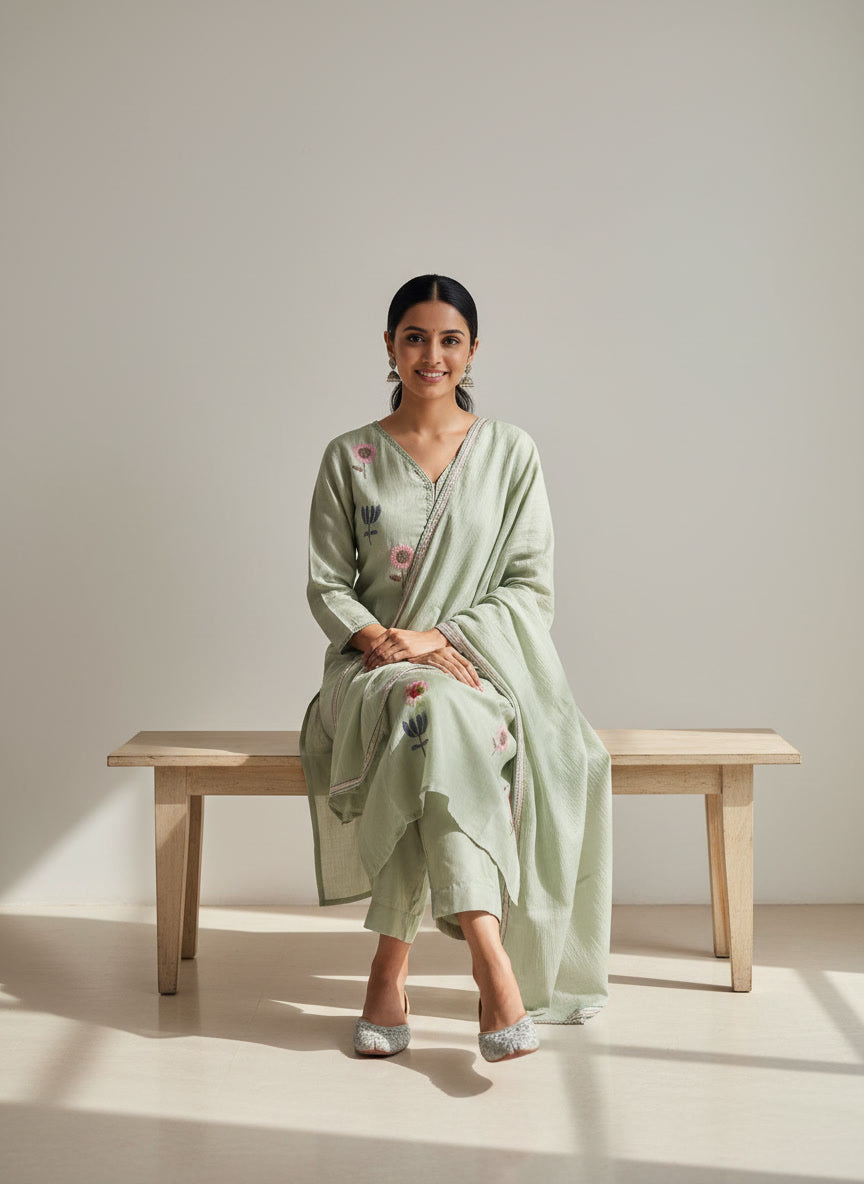 Mul Chanderi Floral Kurta Set with Delicate Embroidery (Mint Green)