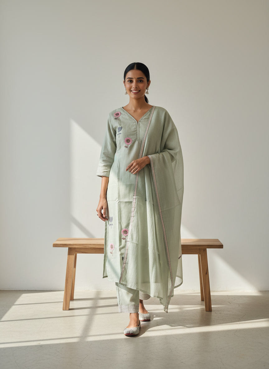 Mul Chanderi Floral Kurta Set with Delicate Embroidery (Mint Green)