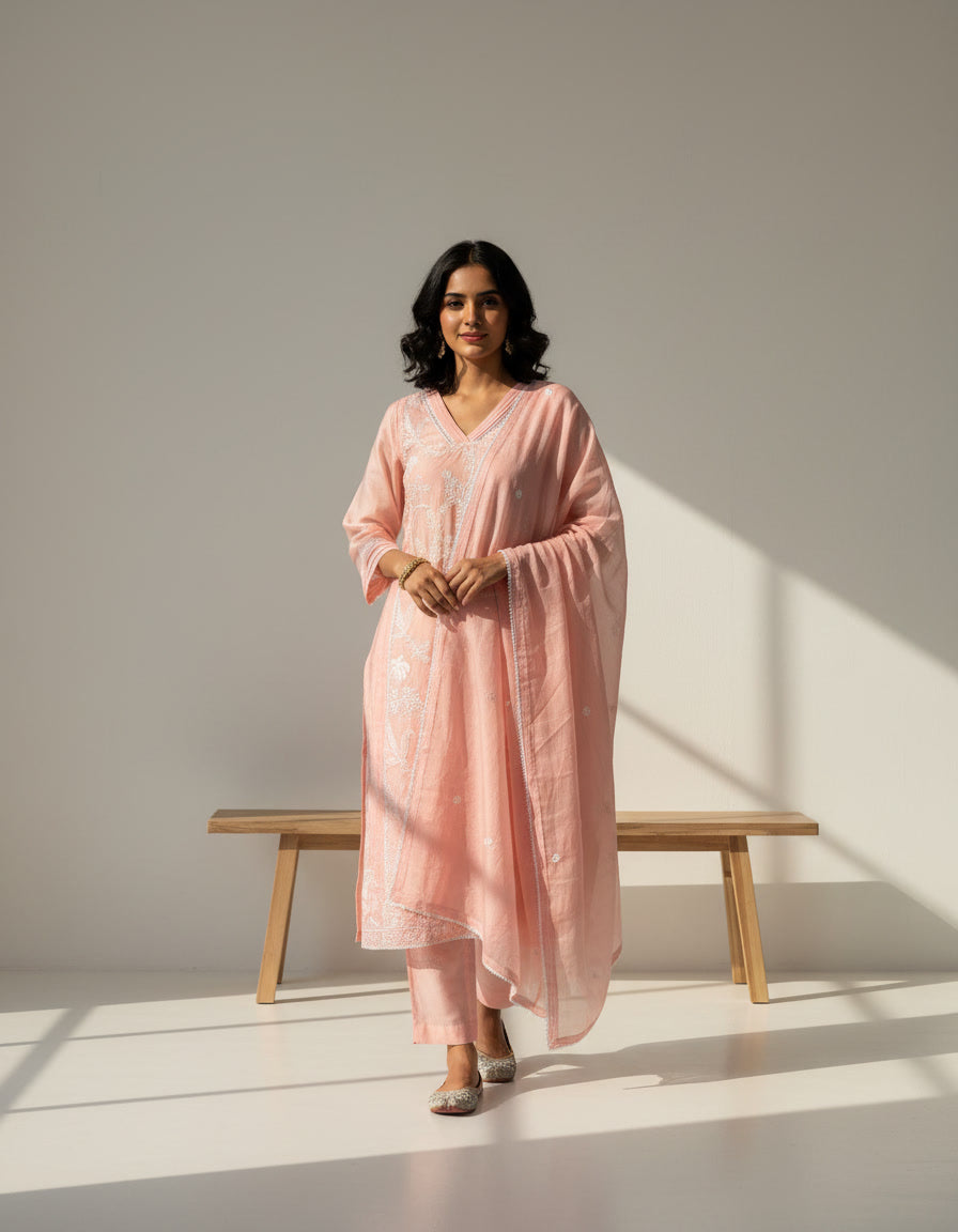 Mul Chanderi A-Line Kurta Set with Elegant Thread Embroidery (Light Pink)