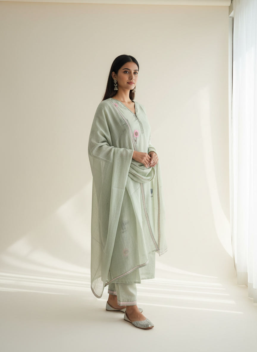 Mul Chanderi Floral Kurta Set with Delicate Embroidery (Mint Green)