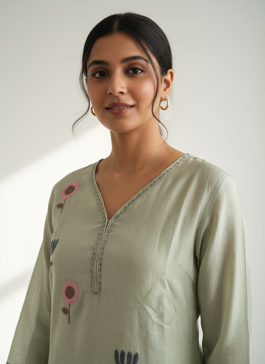 Mul Chanderi Floral Kurta Set with Delicate Embroidery (Mint Green)