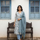 White/grey Printed Cotton Anarkali Suit Set with Kota doriya dupatta