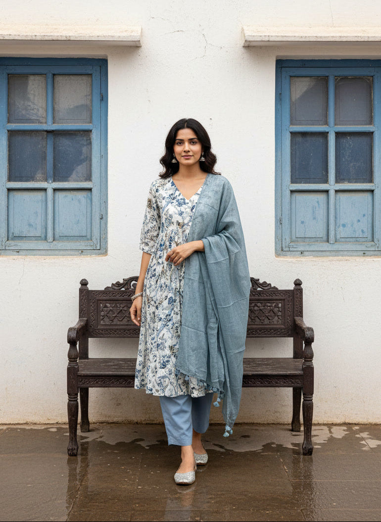 White/grey Printed Cotton Anarkali Suit Set with Kota doriya dupatta