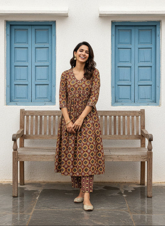 Brown Printed Cotton Anarkali Set With Printed Dupatta