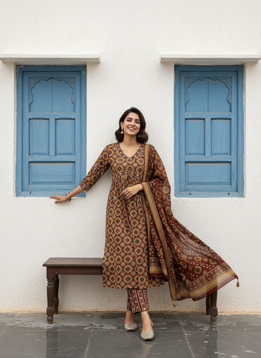 Brown Printed Cotton Anarkali Set With Printed Dupatta