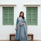 Blue/Purple Printed Cotton Anarkali Suit Set with Printed Cotton Dupatta