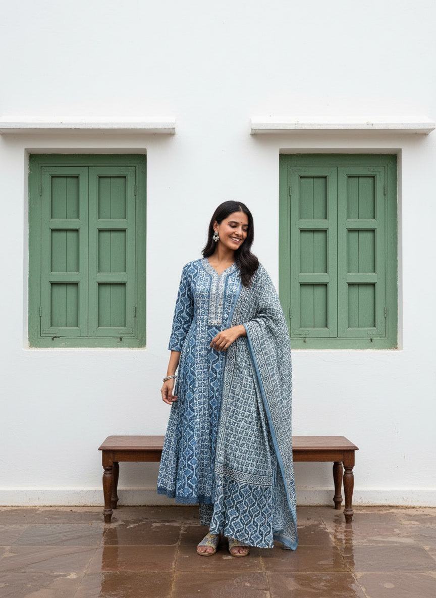 Blue/Purple Printed Cotton Anarkali Suit Set with Printed Cotton Dupatta