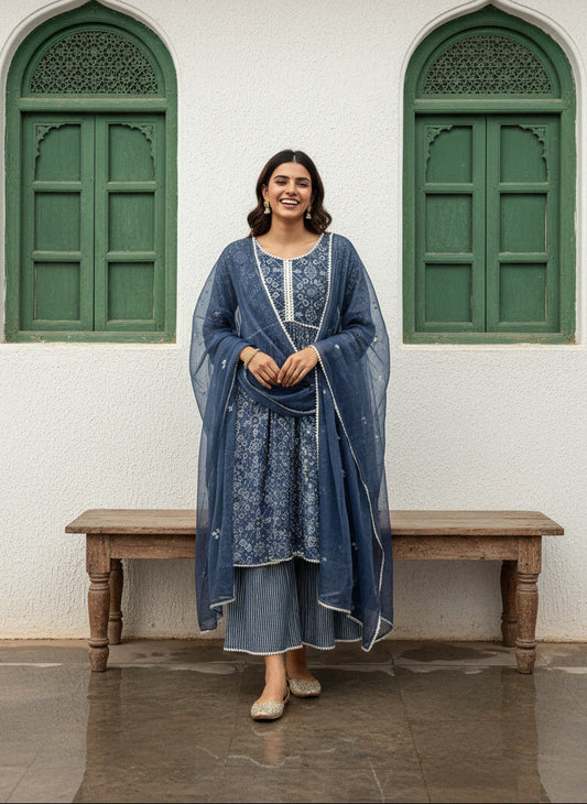 Blue Muslin Anarkali Suit Set