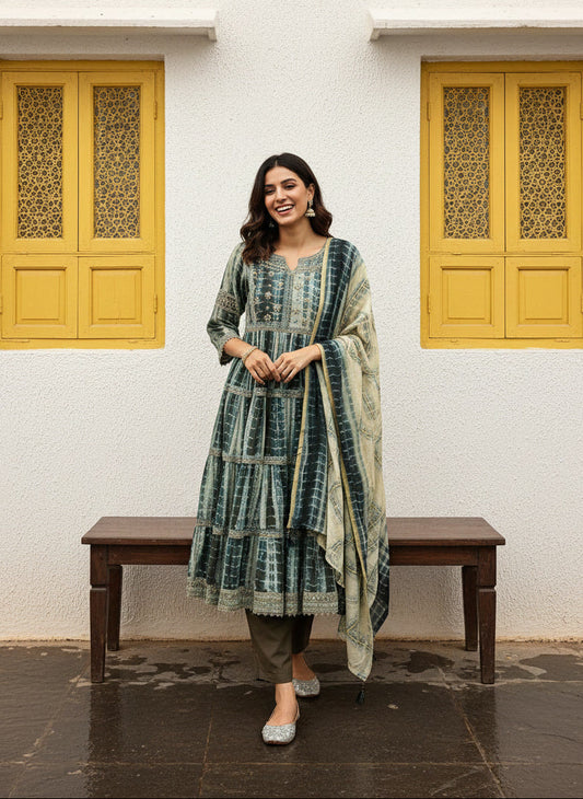 Green Muslin Anarkali Suit Set